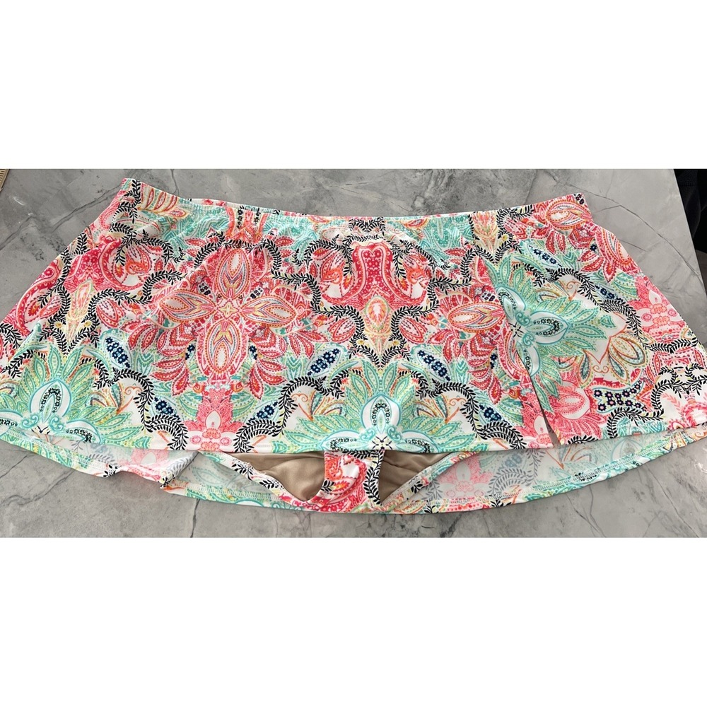 Swim by Cacique Plus Size 26 Bikini Bottom Swimsuit Skirt Paisley Green Pink